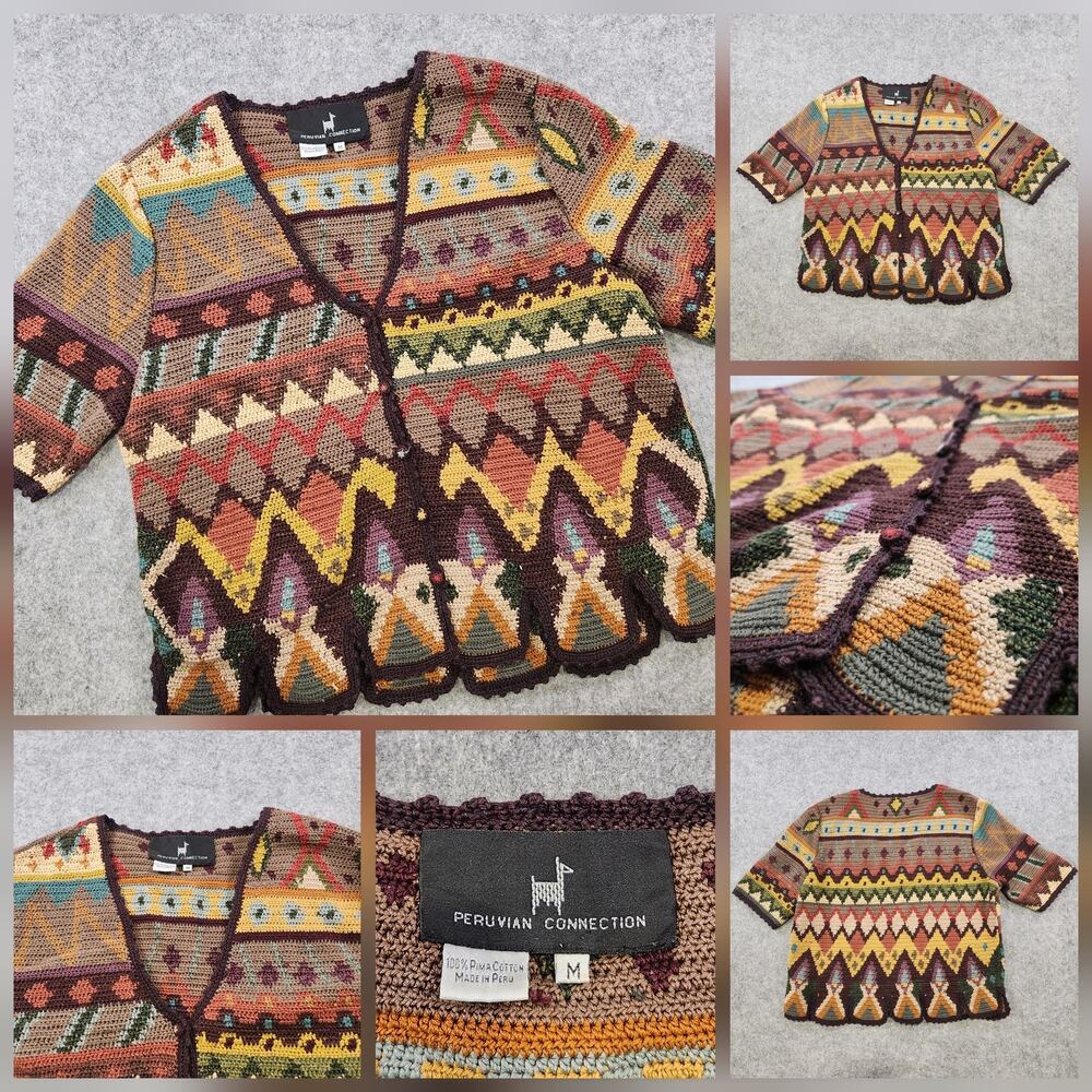 Peruvian Connection Sweater Womens Medium Crochet Boho Cardigan Pima Cotton Knit